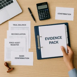 Open evidence pack binder with tabs beside trial balance, reconciliation, fixed-asset register and bank confirmation sheets