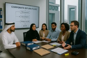 Six finance professionals review a “Corporate Return Filing” flowchart on a screen in a glass-walled conference room overlooking Dubai’s business district.