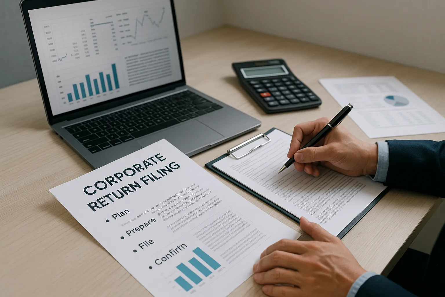 Professionele werkomgeving met laptop, documenten en hand die aantekeningen maakt voor belastingaangifte.