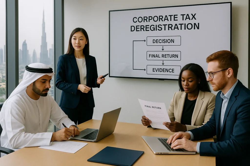 Corporate tax deregistration meeting in a Dubai office; presenter explains “Decision → Final Return → Evidence” while colleagues review a final return.