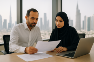 Two tax professionals in a Dubai office review Corporate Tax Deregistration paperwork beside an open laptop, city skyline visible through large windows.