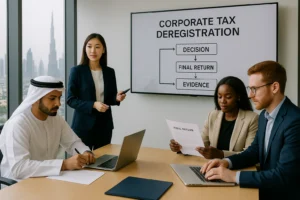 Corporate tax deregistration meeting in a Dubai office; presenter explains “Decision → Final Return → Evidence” while colleagues review a final return.