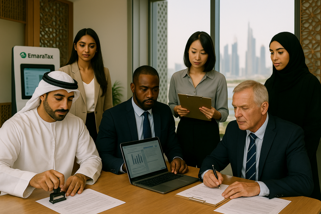 Diverse team in a UAE office finalising Corporate Tax Registration; one executive stamps a form, another signs, while colleagues review figures on a laptop and notes on clipboards.