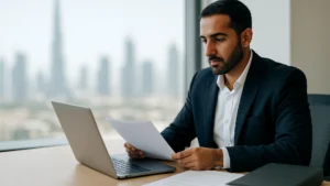 Business professional in a Dubai office reviews corporate tax registration documents at a laptop, holding a printed sheet.