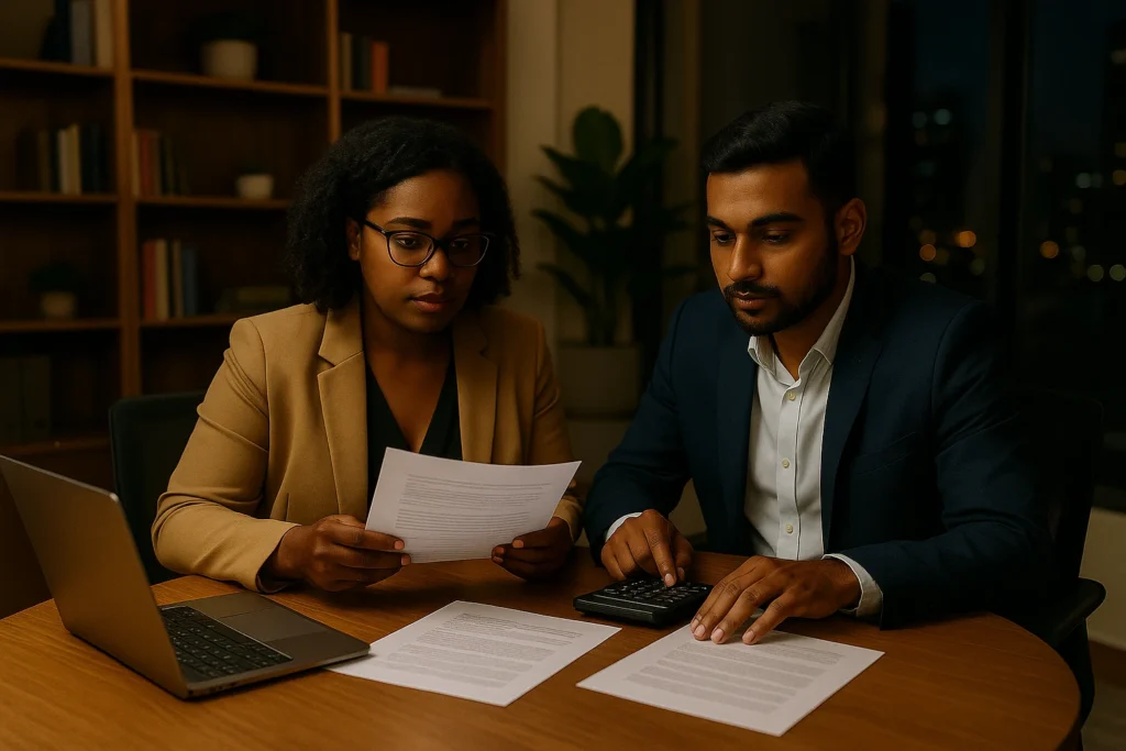 expert and a man in a navy suit reviewing tax registration papers at a wooden desk, with a large window showing the city lights at night in the background.