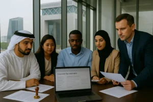 Five professionals from diverse backgrounds review a corporate tax registration form on a laptop in an Abu Dhabi office overlooking the ADGM buildings.