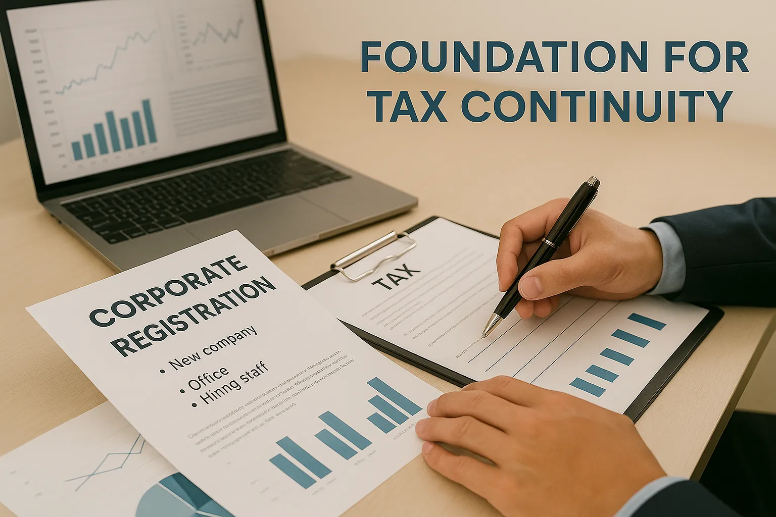 Corporate tax registration scene with a laptop, documents, charts, and a person in a suit signing a form.