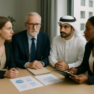 Diverse business professionals in a modern office discussing corporate tax deregistration with documents and charts on the table