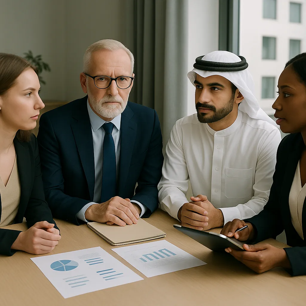 Diverse business professionals in a modern office discussing corporate tax deregistration with documents and charts on the table