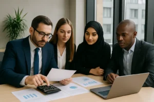 Group of diverse business professionals collaborating over financial documents in a modern office