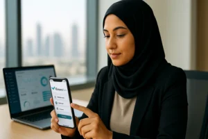 Female tax advisor in a Dubai office uses the EmaraTax mobile app beside a laptop showing dashboards, preparing to submit details.