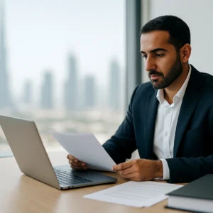 Tax advisor in a Dubai office reviews a Request for Reconsideration beside a laptop, holding printed evidence with the skyline in the background.