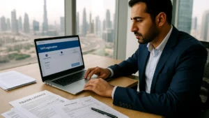 UAE finance professional completing VAT registration on a laptop, with trade-licence papers on the desk and a city skyline behind.