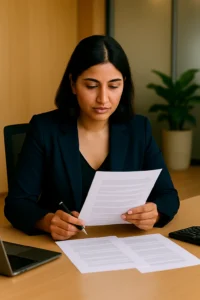 Professional woman in a navy blazer reviews printed documents at a desk with a laptop and calculator in a warm, modern office.