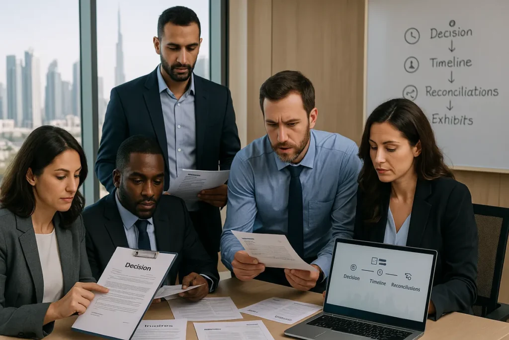 Diverse colleagues examine evidence for a Request for Reconsideration beside a laptop displaying “Decision • Timeline • Reconciliations,” with a whiteboard listing the same steps.