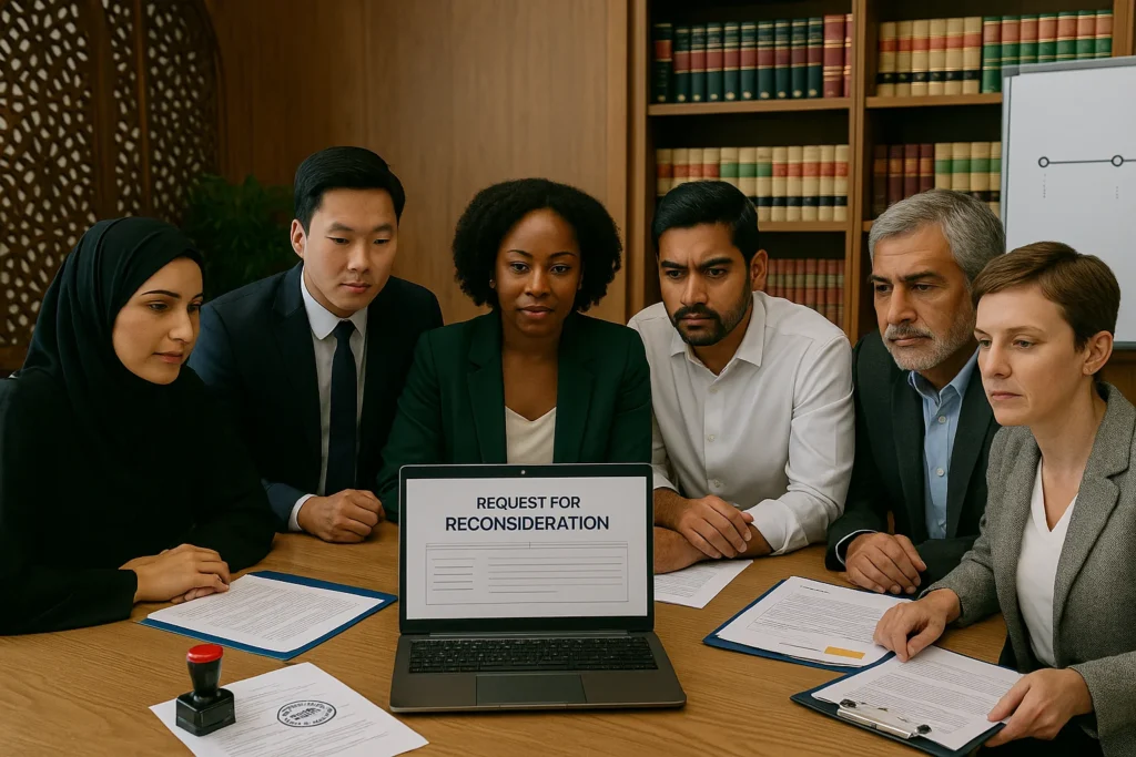 Six professionals of varied backgrounds review a “Request for Reconsideration” file on a laptop in a wood-paneled room with legal books and a whiteboard timeline.