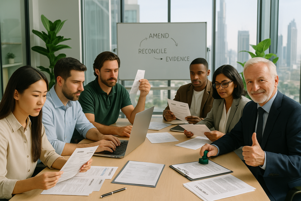 Team reconciling VAT amendment paperwork with evidence; senior advisor stamps approval in a Dubai office.