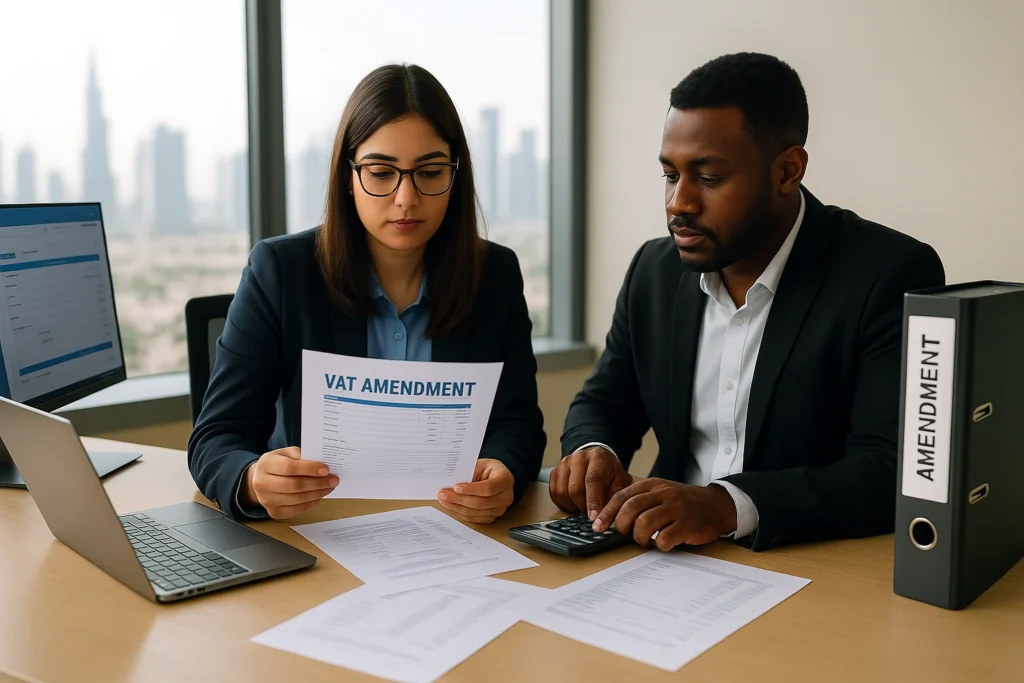 Two finance professionals review a “VAT Amendment” document at a desk with a laptop and calculator, Dubai skyline visible through the window.