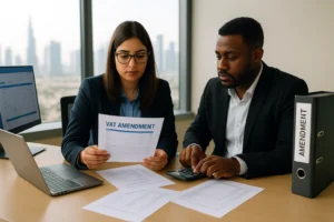 Two finance professionals review a “VAT Amendment” document at a desk with a laptop and calculator, Dubai skyline visible through the window.