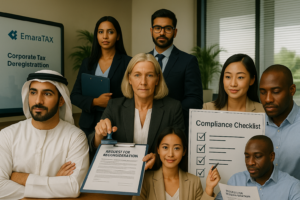 A diverse group of six business professionals in a modern Dubai office, working on corporate tax deregistration with compliance documents and a visible checklist.