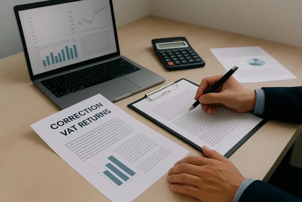 Finance professional reviewing invoices and ledger schedules on a laptop while preparing a VAT Amendment in the UAE, natural office setting.
