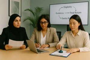 Three professional women finalize VAT deregistration; one stamps the form while others review evidence.