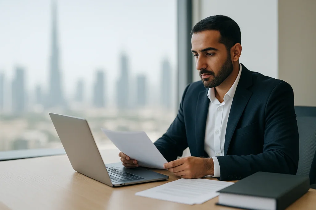 Finance professional in a Dubai high-rise reviews VAT Deregistration paperwork at a laptop, city skyline blurred in the background.