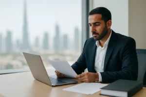 Finance professional in a Dubai high-rise reviews VAT Deregistration paperwork at a laptop, city skyline blurred in the background.