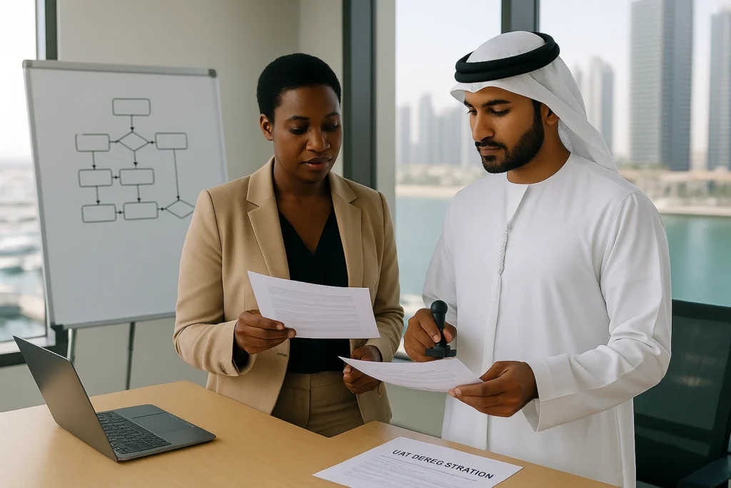 African woman and Emirati man stand by a table reviewing VAT Deregistration papers, rubber stamp in hand, with Dubai towers and marina in the background