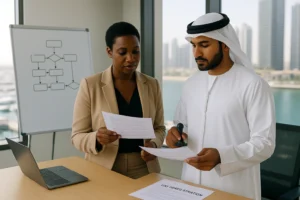 African woman and Emirati man stand by a table reviewing VAT Deregistration papers, rubber stamp in hand, with Dubai towers and marina in the background