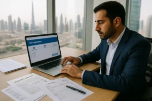 Finance manager in Dubai reviewing invoices and ledger on a laptop to complete VAT Registration via EmaraTax.