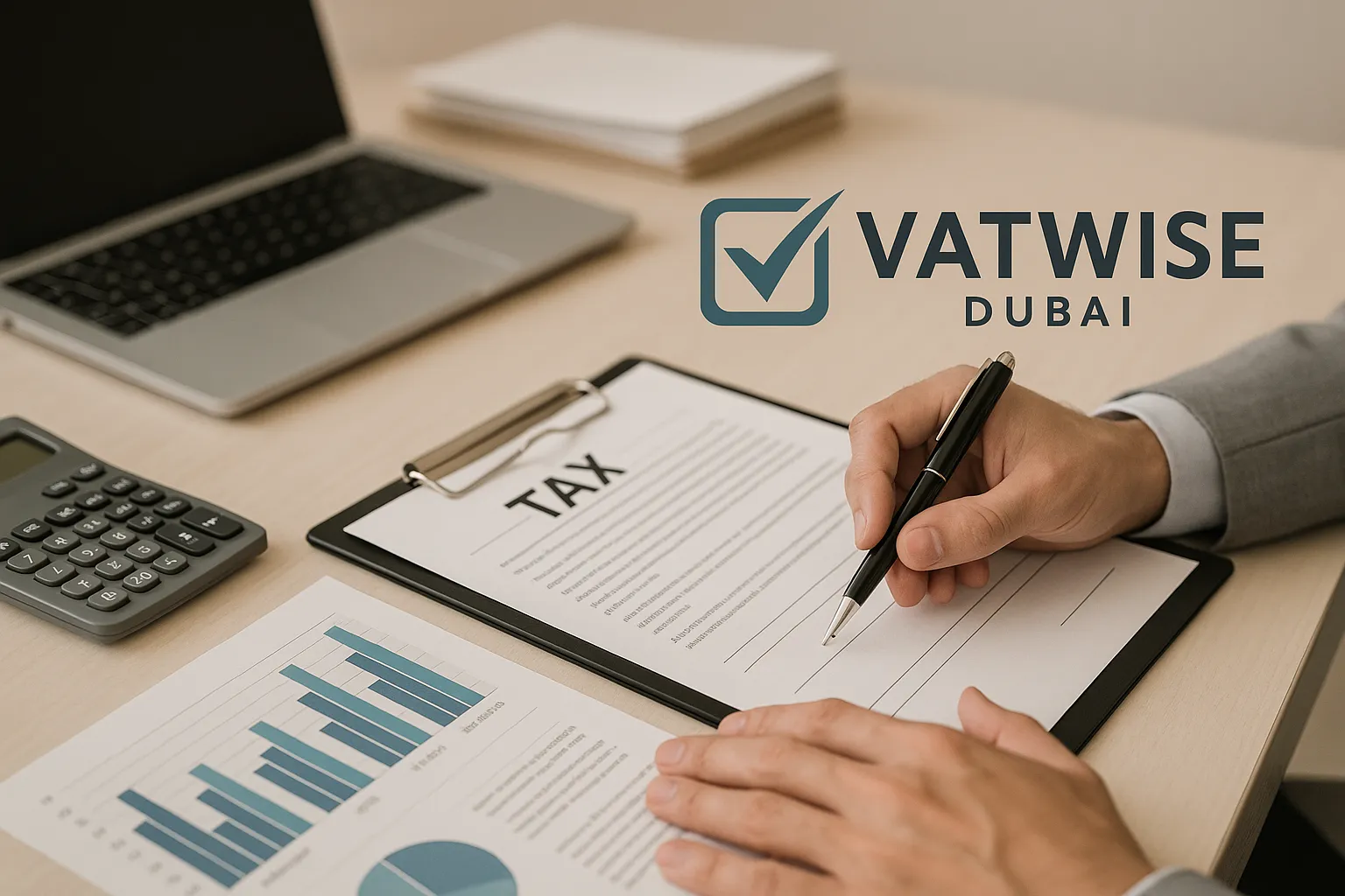 Professional desk setup with VATWISE Dubai branding, tax documents, a laptop, and a calculator.