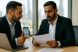 Two advisers in a Dubai office review a VAT Refund case; one shows a payment-confirmation screen on a smartphone while the other checks documents beside a laptop.