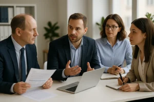 A group of business professionals in a formal meeting discussing financial documents and strategies around a laptop.