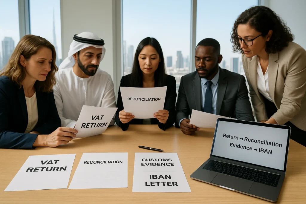 Five colleagues, including an Emirati professional, study documents labelled “VAT RETURN,” “RECONCILIATION,” “CUSTOMS EVIDENCE,” and “IBAN LETTER,” next to a laptop showing “Return → Reconciliation → Evidence → IBAN.”