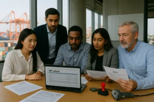 Five professionals review a VAT refund spreadsheet on a laptop in a modern office overlooking container cranes and shipping stacks at Jebel Ali Port.