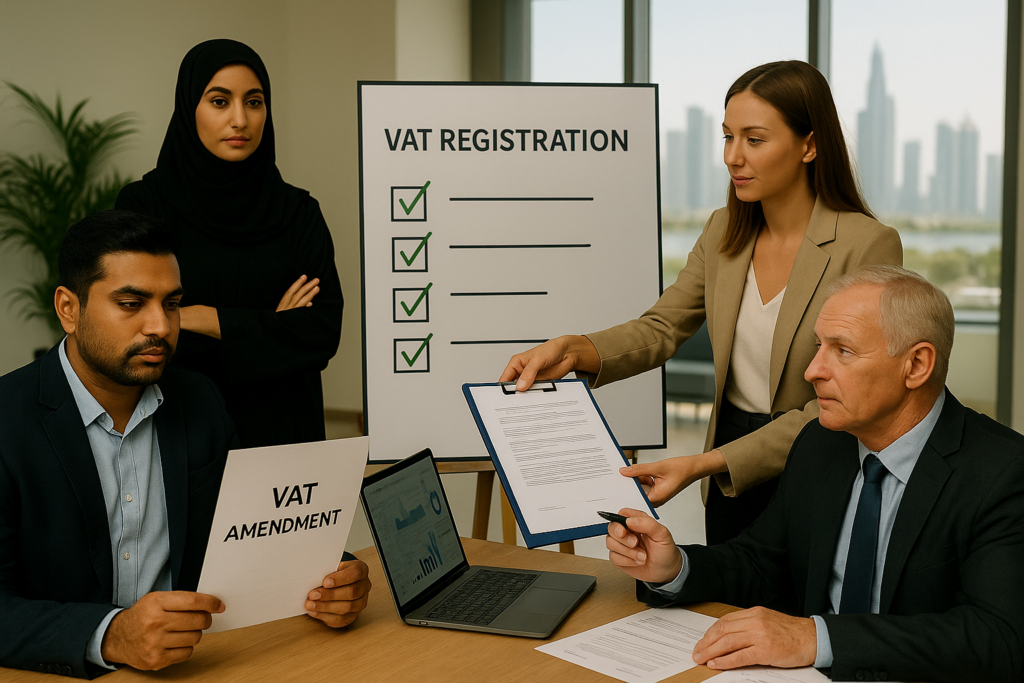 Four professionals in a Dubai office review a VAT Registration checklist; one presents a form, another reads a “VAT Amendment,” and an executive prepares to sign.
