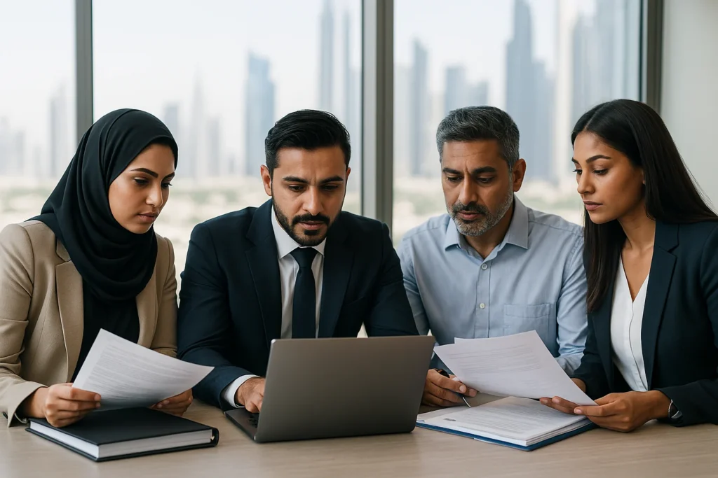 Advisors in a Dubai office review VAT documents with an Emirati client; laptop, calculator, and binder on the table.