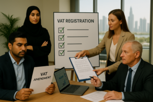 Four professionals in a Dubai office review a VAT Registration checklist; one presents a form, another reads a “VAT Amendment,” and an executive prepares to sign.