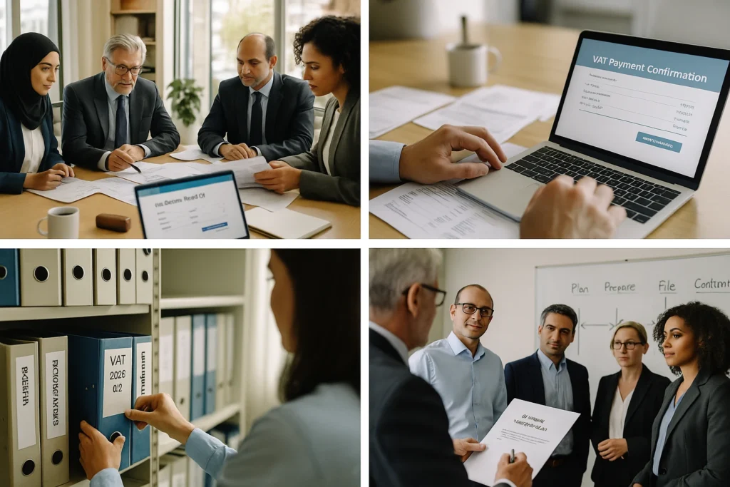 Finance manager reconciling invoices and ledger for VAT return filing in the UAE, EmaraTax on laptop supported by Vatwise Dubai.