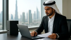 Emirati finance professional reviews VAT Return Filing documents beside a laptop in a Dubai high-rise office.