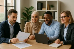 Four diverse business professionals smiling during a meeting with documents and a laptop.