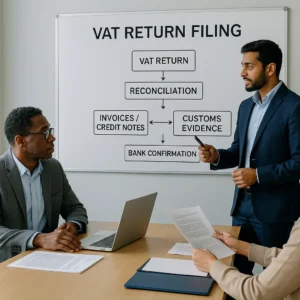 Two professionals discuss VAT return filing in a modern office; a whiteboard shows a flowchart VAT Return → Reconciliation → Invoices/Credit Notes ↔ Customs Evidence → Bank Confirmation while a colleague types on a laptop.