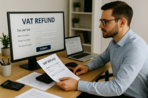 Man in a light blue shirt and glasses reviewing a printed VAT refund form at a desk with a computer monitor showing a VAT refund application, documents, and a calculator.