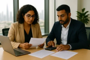 Two professionals review VAT Registration documents at a modern office desk; a laptop, calculator, and printed schedules are laid out, with Dubai’s skyline softly visible through large windows.