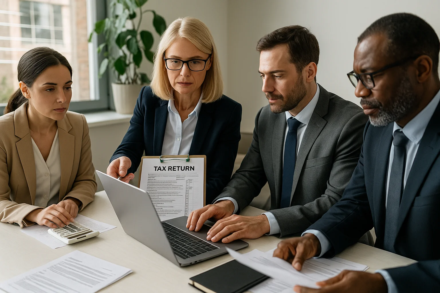 Vier zakelijke professionals analyseren gezamenlijk een belastingaangifte op laptop en papier tijdens een overleg.
