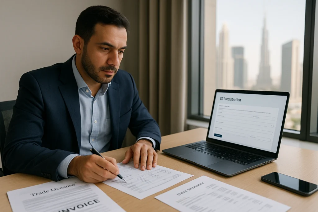 Professional reviewing invoices and ledger on a laptop in a bright office while preparing Corporate Tax Registration.