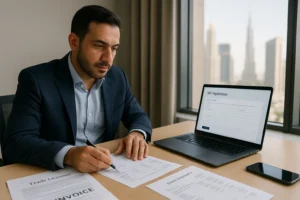 Professional reviewing invoices and ledger on a laptop in a bright office while preparing Corporate Tax Registration.