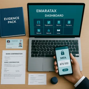 EmaraTax dashboard on laptop with MFA code on phone, evidence pack, bank confirmation and UAE IDs on desk