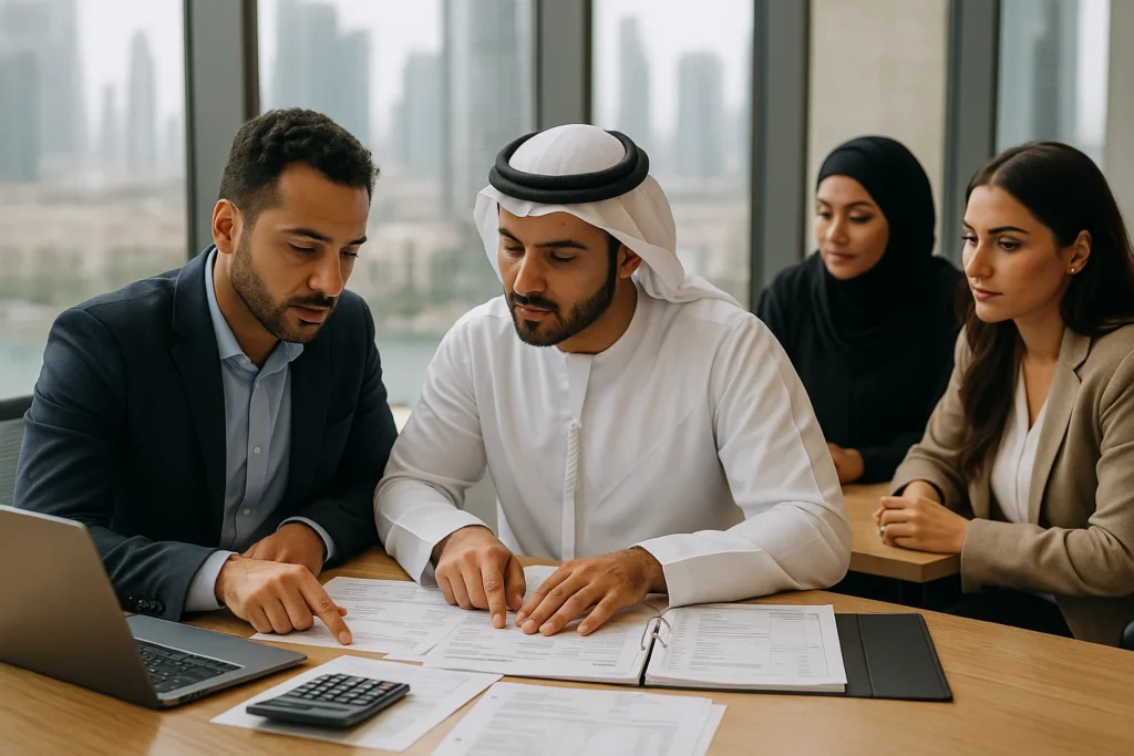 Advisors in a Dubai office review VAT documents with an Emirati client; laptop, calculator, and binder on the table.